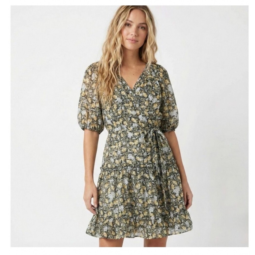 NWT Current Air Floral Bird Print Tiered Wrap Summer Dress Yellow Black‎ Sz M